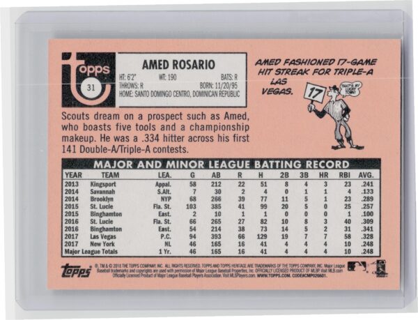 2018 Topps Heritage Amed Rosario SP VAR #31 Mets - Image 3