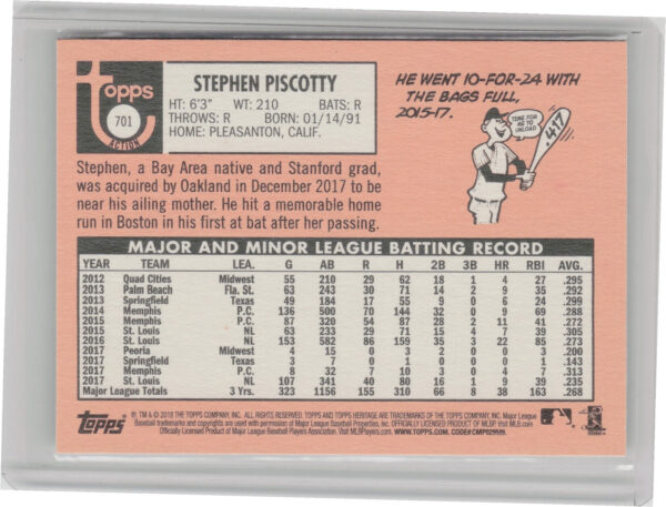 2018 Topps Heritage Stephen Piscotty SP VAR #701 Athletics - Image 3