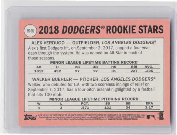 2018 Topps Heritage Walker Buehler / Alex Verdugo Chrome Purple Refractor #THC-2 - Image 3
