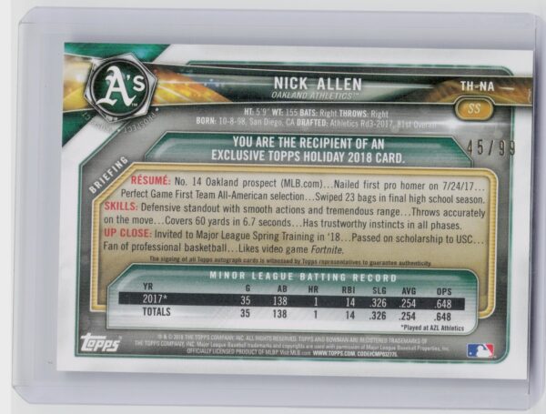 2018 Topps Holiday Bowman Nick Allen AU SN99 #TH-NA Athletics Prospects Autograp - Image 3