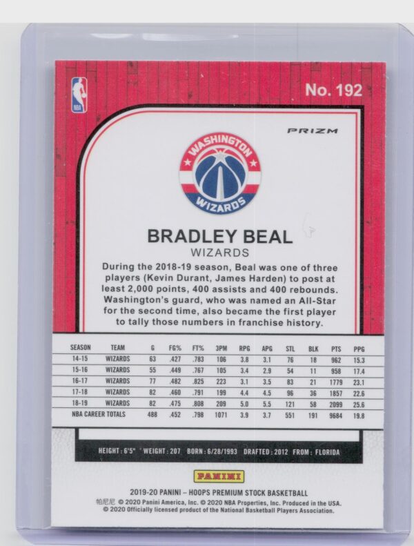 2019-20 Hoops Premium Stock Bradley Beal Prizms Silver Scope #192 Wizards - Image 3