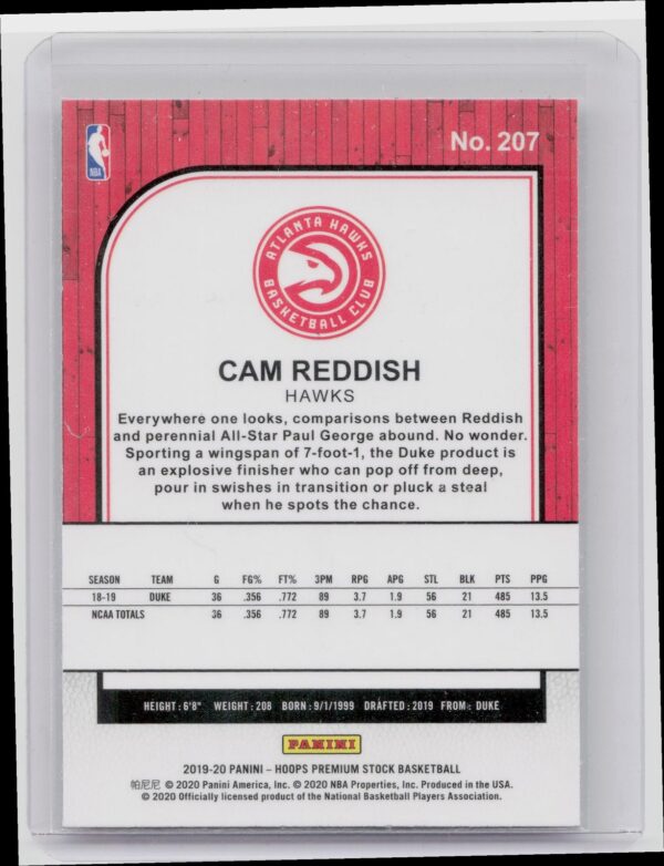 2019-20 Hoops Premium Stock Cam Reddish RC #207 Hawks - Image 3