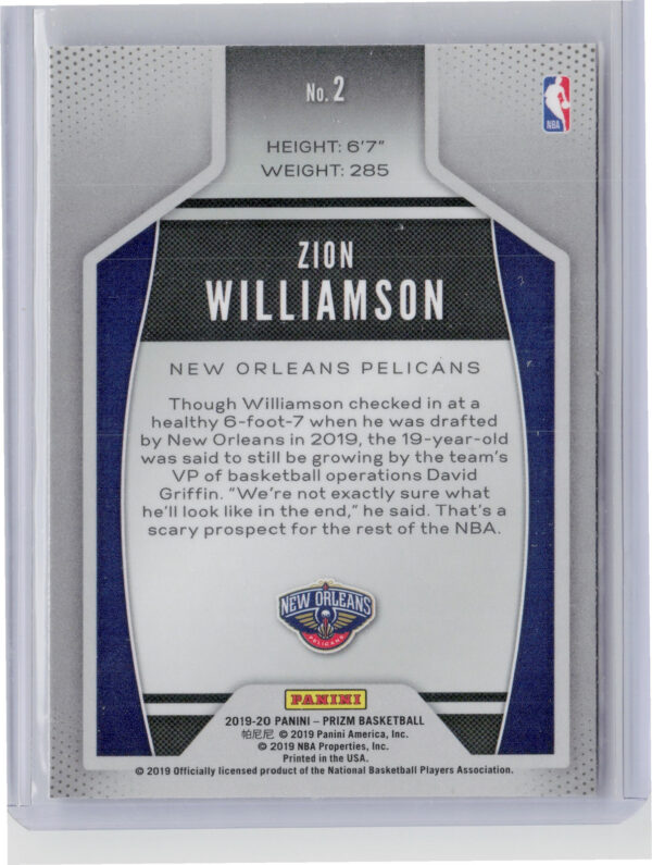 2019-20 Panini Prizm Zion Williamson #2 Pelicans Instant Impact - Image 3