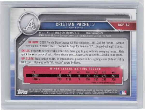 2019 Bowman Cristian Pache SN250 #BCP-62 Braves Chrome Prospects Mojo Refractors - Image 3