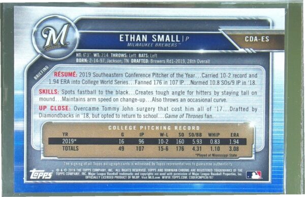 2019 Bowman Draft Ethan Small Auto /50 #CDA-ES Brewers Chrome Draft Gold Wave - Image 3