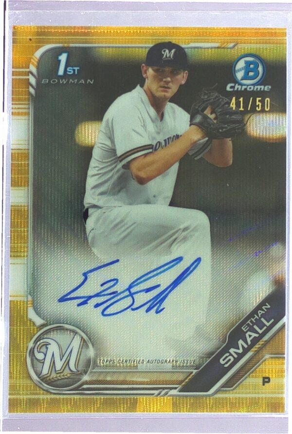 2019 Bowman Draft Ethan Small Auto /50 #CDA-ES Brewers Chrome Draft Gold Wave