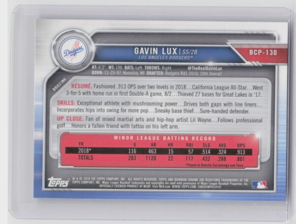 2019 Bowman Gavin Lux #BCP-130 Dodgers Chrome Prospects Mojo Refractors - Image 3