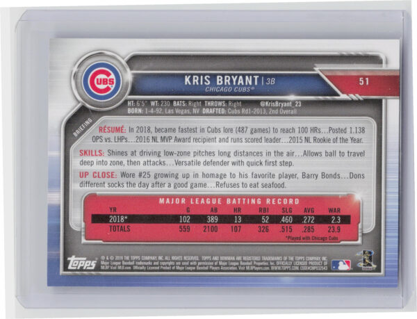 2019 Bowman Kris Bryant Sky Blue SN499 #51 Cubs - Image 3