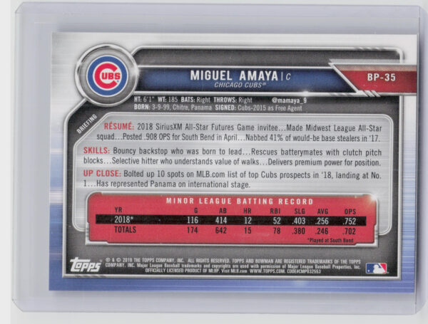 2019 Bowman Miguel Amaya #BP-35 Cubs Prospects - Image 3