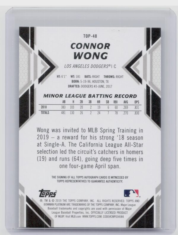 2019 Bowman Platinum Connor Wong AU #TOP-48 Dodgers Top Prospects Autographs - Image 3