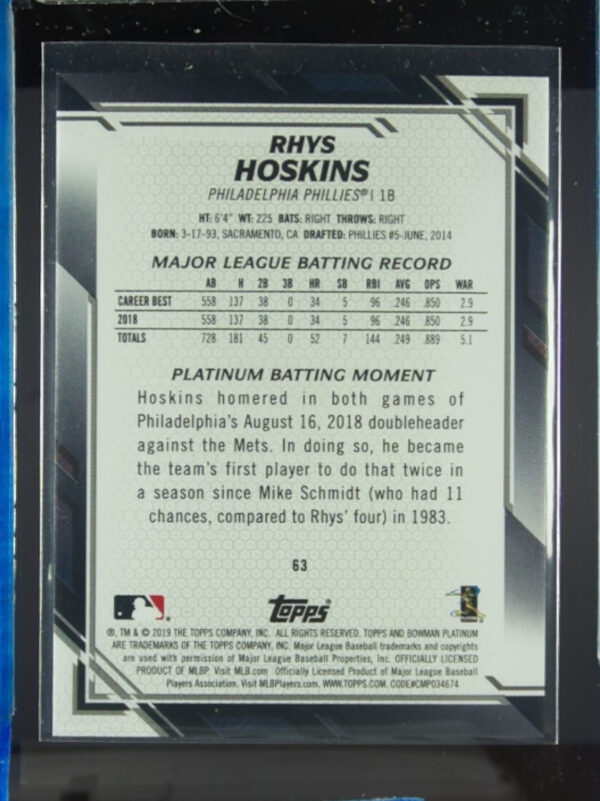 2019 Bowman Platinum Rhys Hoskins Purple SN250 #63 Phillies - Image 3