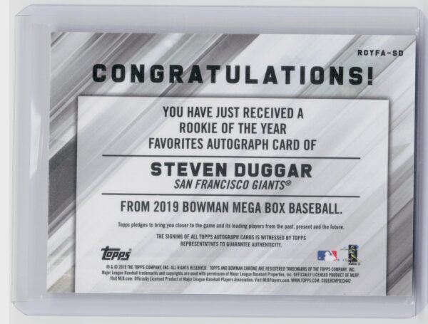 2019 Bowman Steven Duggar AUTO /99 #ROYFA-SD Giants Rookie of the Year Favorites - Image 3