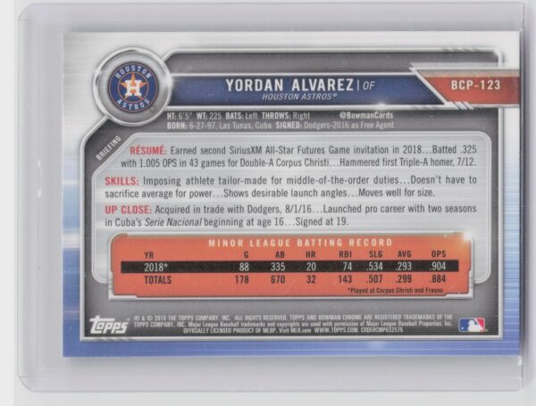 2019 Bowman Yordan Alvarez #BCP-123 Astros Chrome Prospects - Image 3