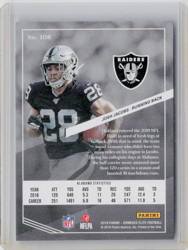 2019 Donruss Elite Josh Jacobs RC SN699 #108 Raiders - Image 3