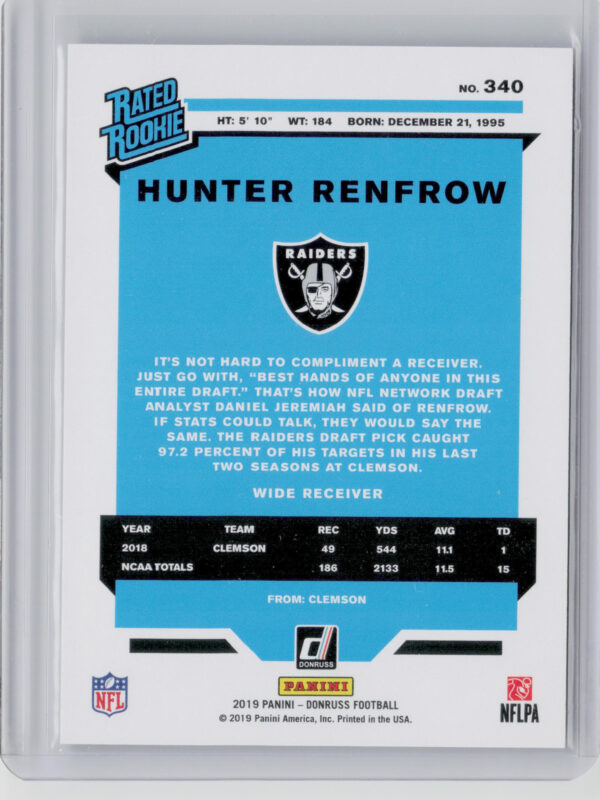 2019 Donruss Hunter Renfrow Season Stat Line SN500 #340 Raiders - Image 3