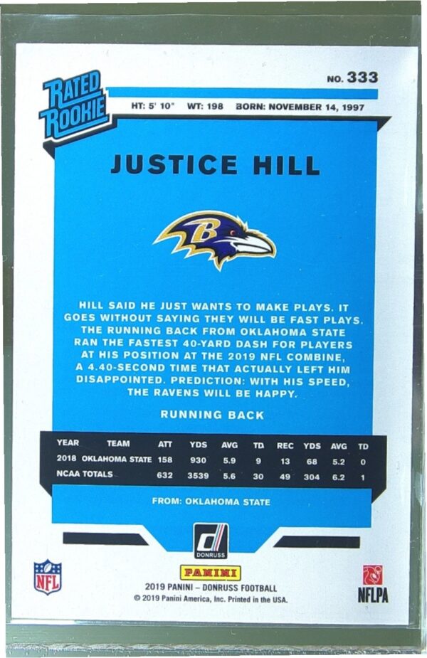2019 Donruss Justice Hill Press Proof Silver /100 RC #333 Ravens - Image 3