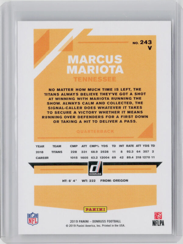 2019 Donruss Marcus Mariota Press Proof Gold SN50 #243V Titans - Image 3