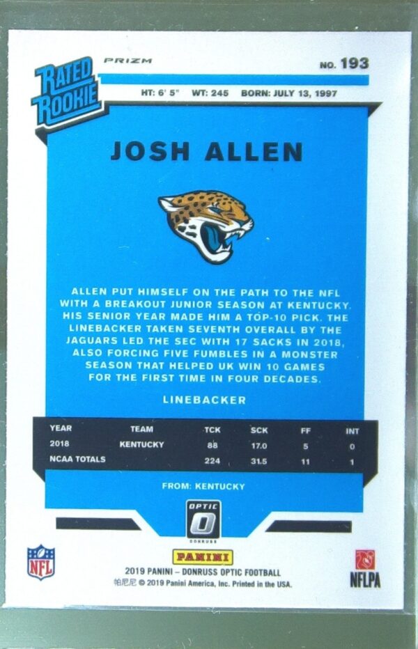 2019 Donruss Optic Josh Allen Red and Yellow RC #193 Jaguars - Image 3
