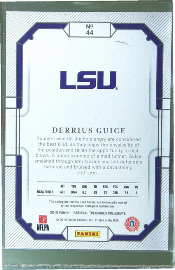 2019 National Treasures NT Collegiate Derrius Guice /99 #44 Tigers - Image 3