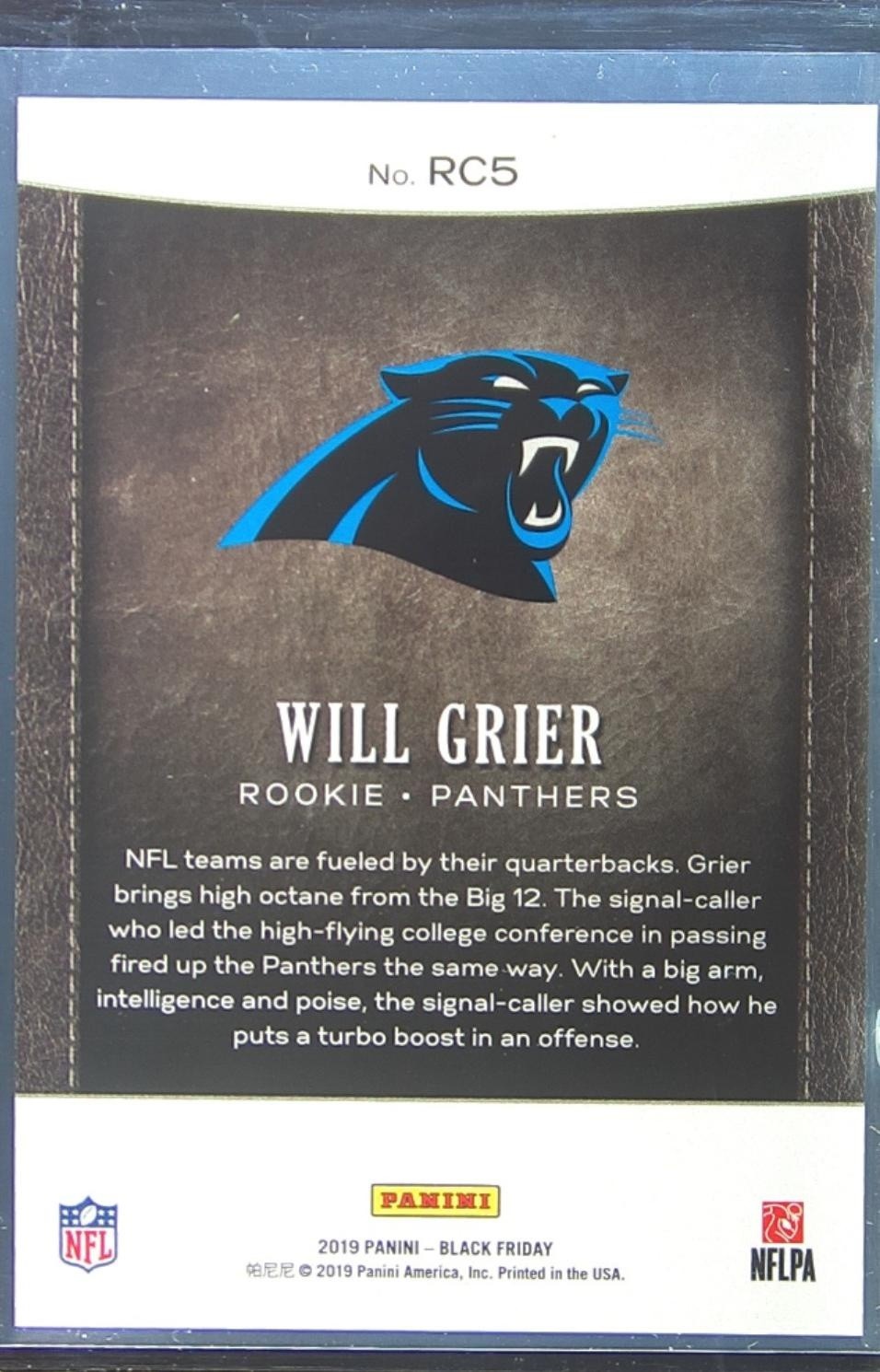 2019 Panini Black Friday Will Grier /99 #RC5 Panthers Rookies / Prospects Future - Image 3