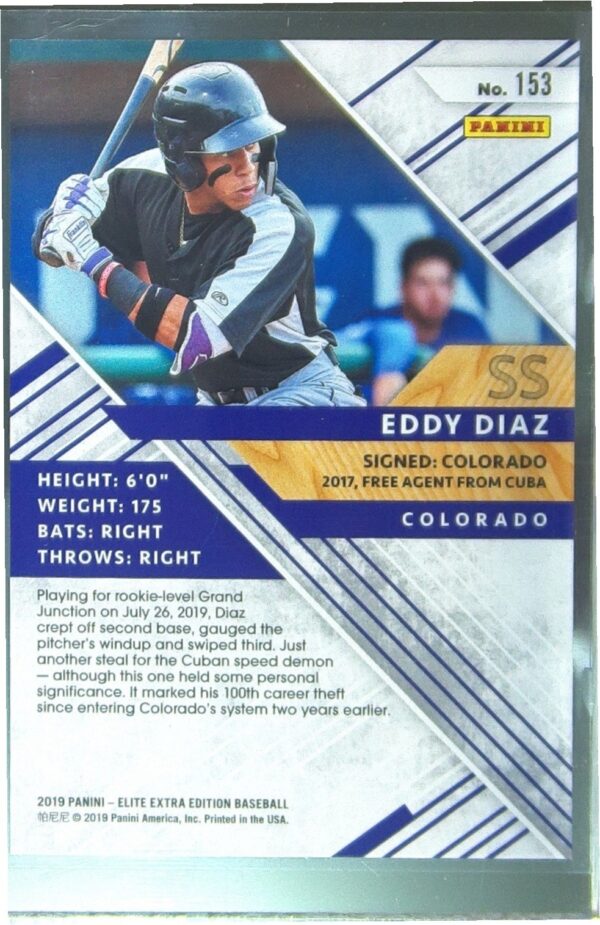 2019 Panini Elite Extra Edition Eddy Diaz /999 #153 Rockies - Image 3