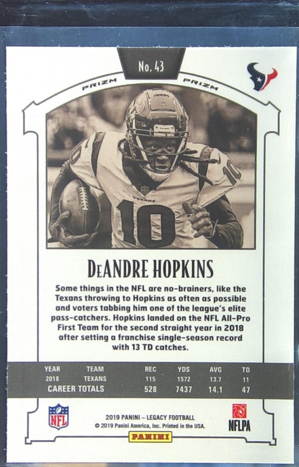 2019 Panini Legacy DeAndre Hopkins Premium Edition Silver Prizm #43 Texans - Image 3