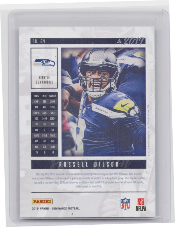 2019 Panini Luminance Russell Wilson Blue SN99 #64 Seahawks - Image 3