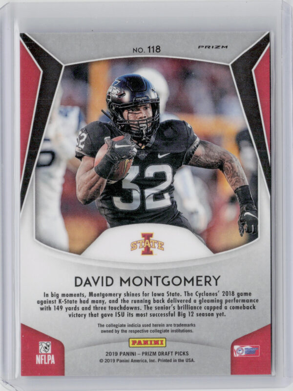 2019 Panini Prizm Draft Picks David Montgomery Prizms Purple #118 Cyclones - Image 3