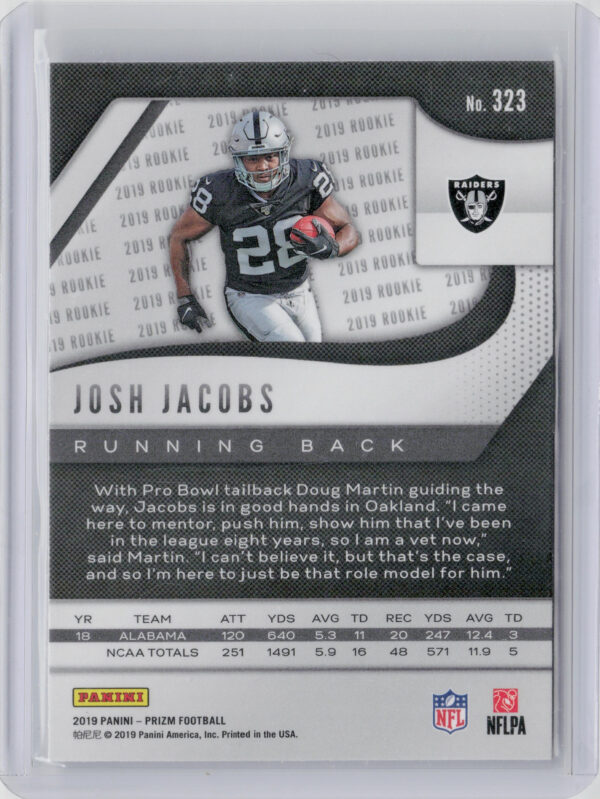 2019 Panini Prizm Josh Jacobs RC #323 Raiders - Image 3