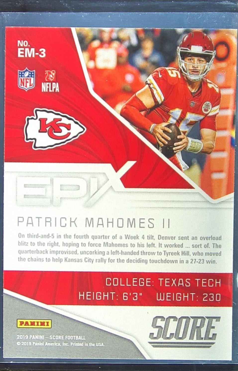 2019 Score Patrick Mahomes II #EM-3 Chiefs Epix Moment - Image 3