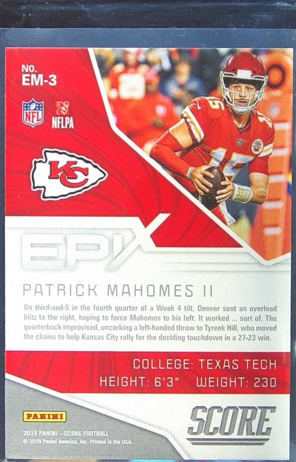 2019 Score Patrick Mahomes II #EM-3 Chiefs Epix Moment - Image 3