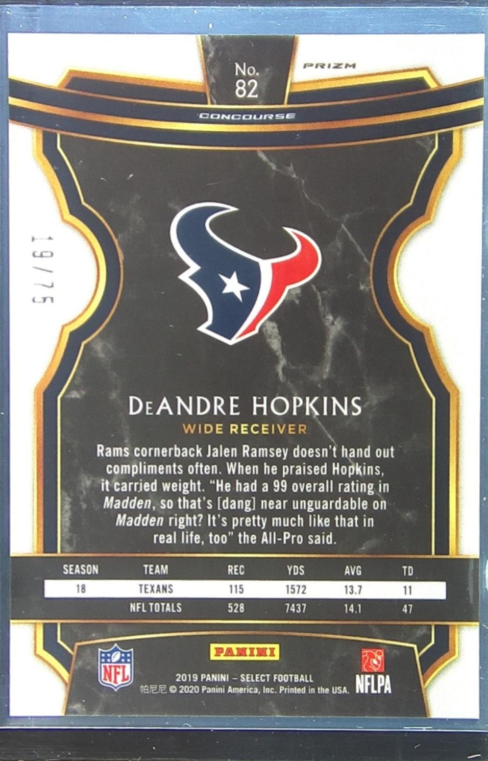 2019 Select DeAndre Hopkins Purple Prizm /75 #82 Texans - Image 3