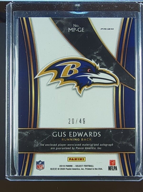 2019 Select Gus Edwards AUTO JSY /49 #MP-GE Ravens Signature Memorabilia Purple - Image 3