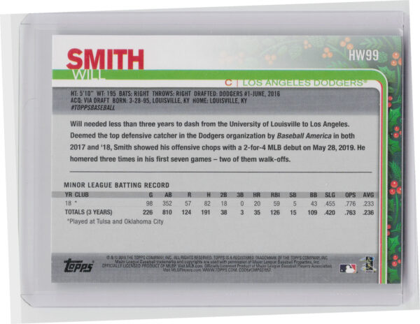 2019 Topps Holiday Will Smith RC #HW99 Dodgers - Image 3
