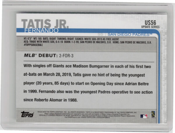 2019 Topps Update Fernando Tatis Jr. #US56 Padres - Image 3