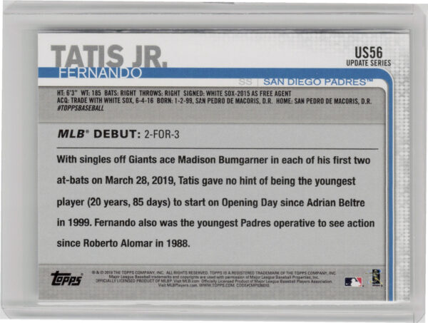 2019 Topps Update Fernando Tatis Jr. #US56 Padres - Image 3