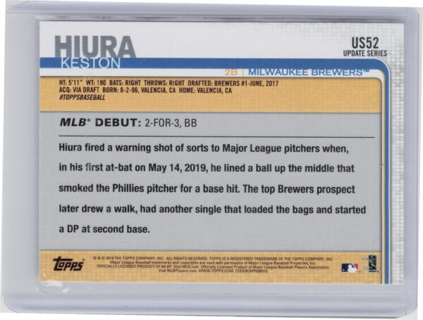 2019 Topps Update Keston Hiura #US52 Brewers - Image 3
