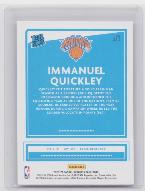 2020-21 Donruss Immanuel Quickley Rookie RC #213 Knicks - Image 3