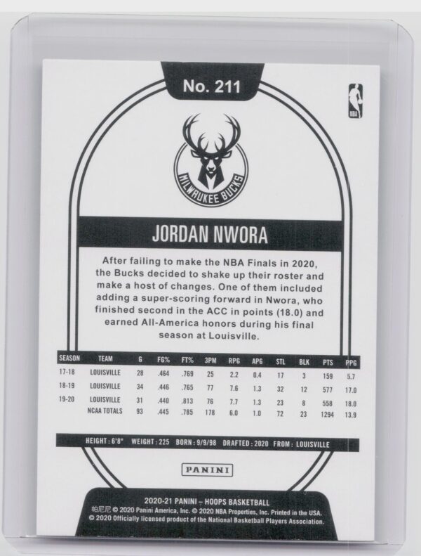 2020-21 Hoops Jordan Nwora Rookie RC #211 Bucks - Image 3