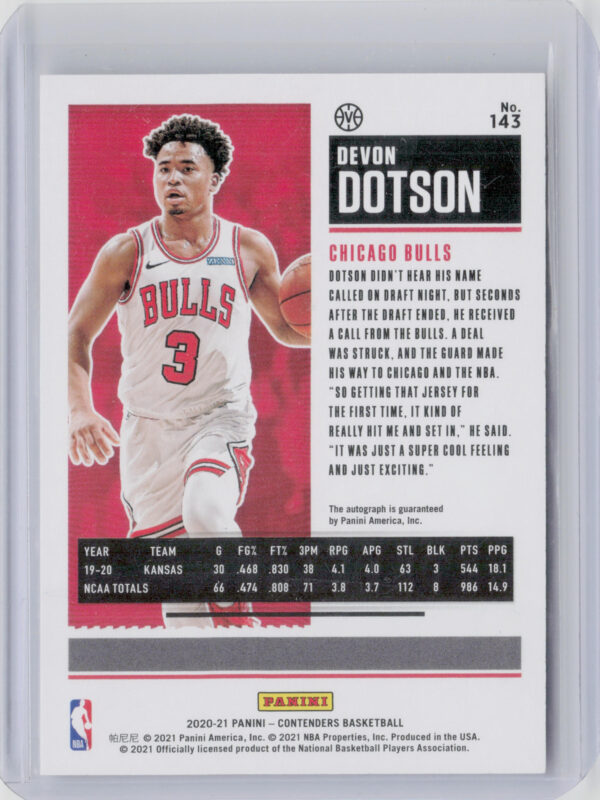 2020-21 Panini Contenders Devon Dotson AU VAR #143 Bulls - Image 3