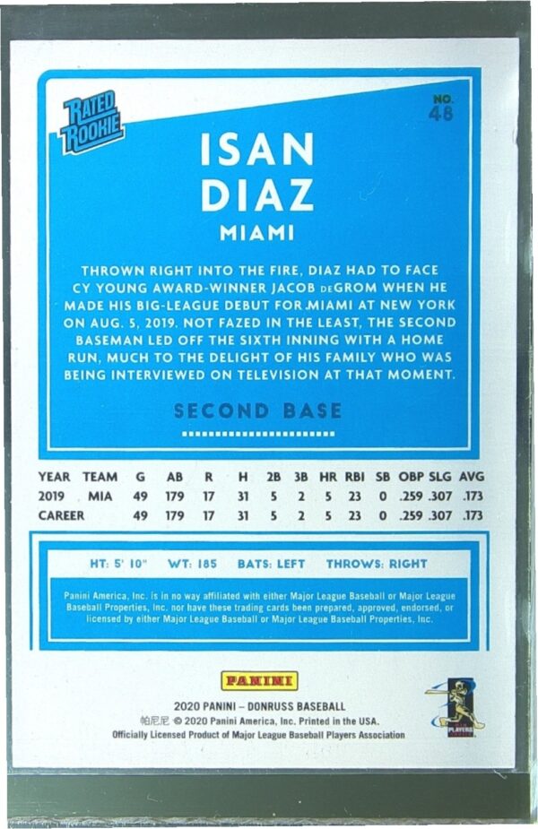 2020 Donruss Isan Diaz Holo Red #48 Marlins - Image 3