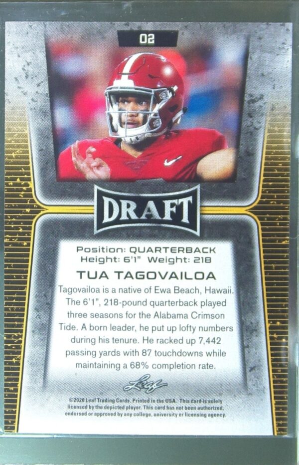 2020 Leaf Draft Tua Tagovailoa Gold RC #02 Tide - Image 3