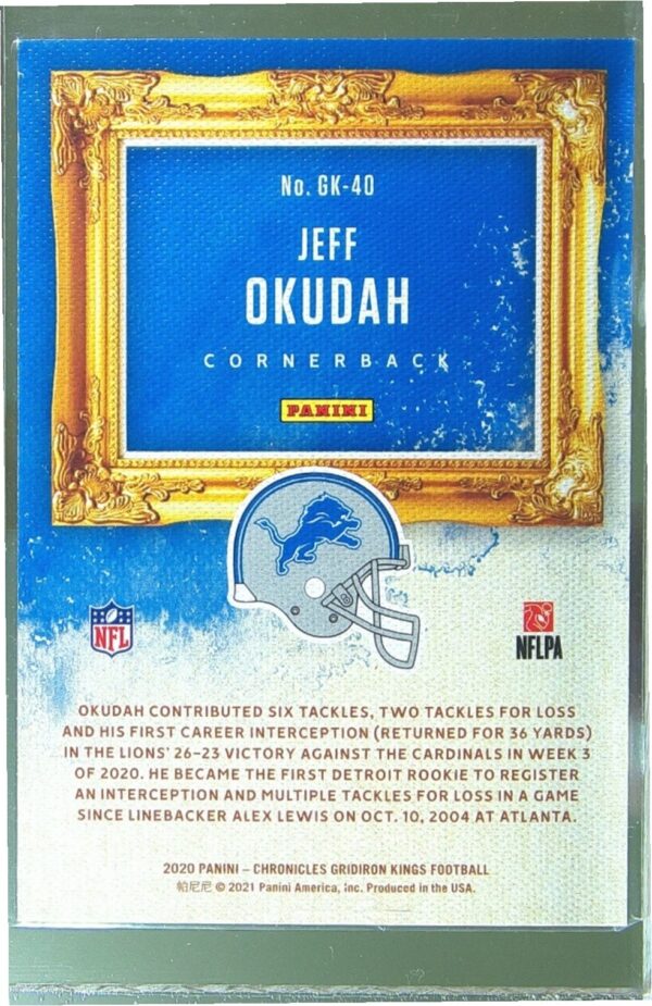 2020 Panini Chronicles Jeff Okudah RC #GK-40 Lions Gridiron Kings - Image 3