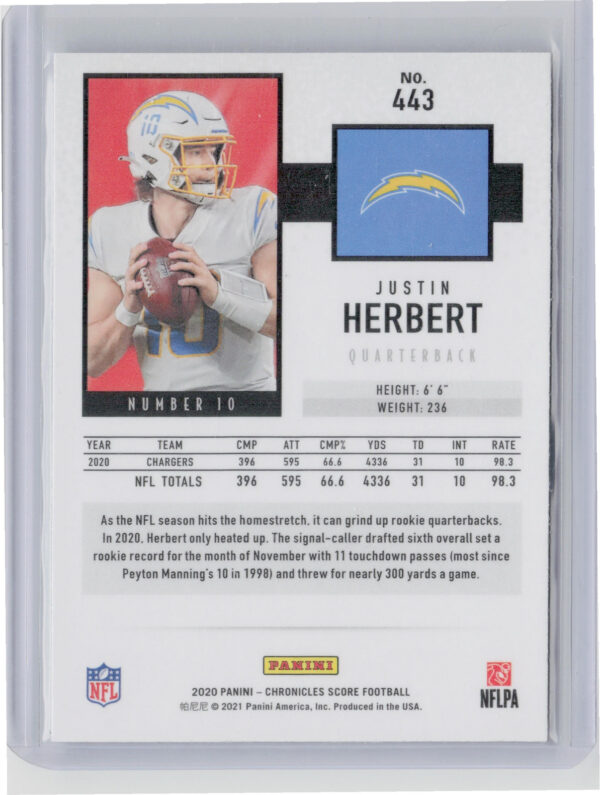 2020 Panini Chronicles Justin Herbert #443 Chargers 2020 Score Update Rookies - Image 3