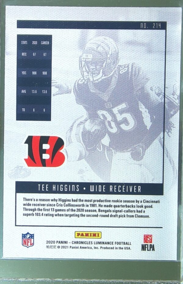 2020 Panini Chronicles Tee Higgins RC #214 Bengals Luminance Update Rookies - Image 3