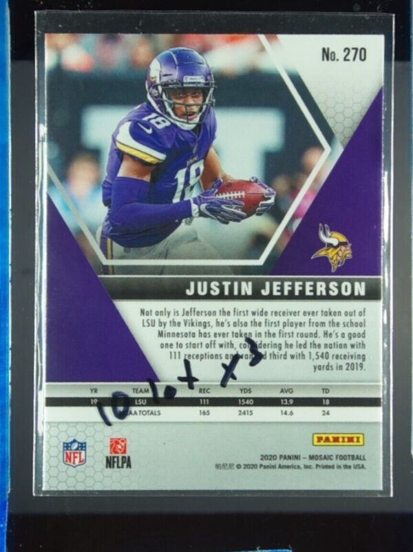 2020 Panini Mosaic Justin Jefferson #270 Vikings - Image 3
