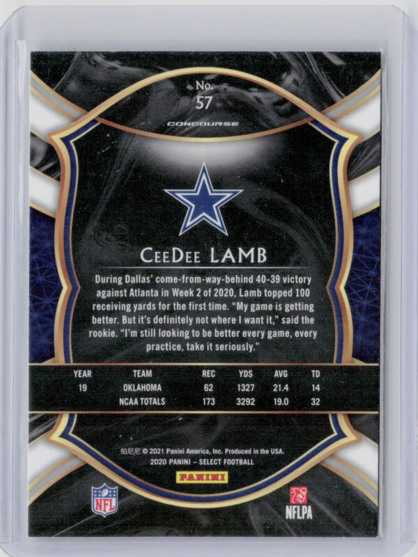 2020 Panini Select CeeDee Lamb RC #57 Cowboys - Image 3