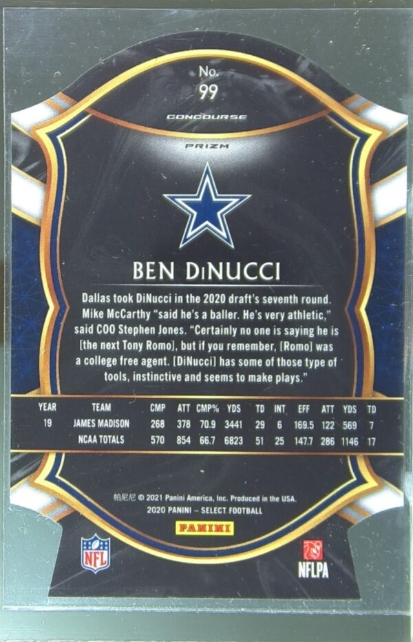 2020 Select Ben DiNucci Orange Prizm Die Cut RC #99 Cowboys - Image 3