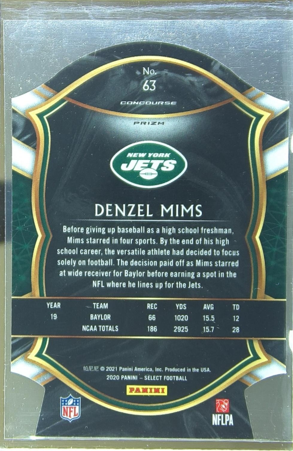 2020 Select Denzel Mims Red Prizm Die Cut RC #63 Jets - Image 3