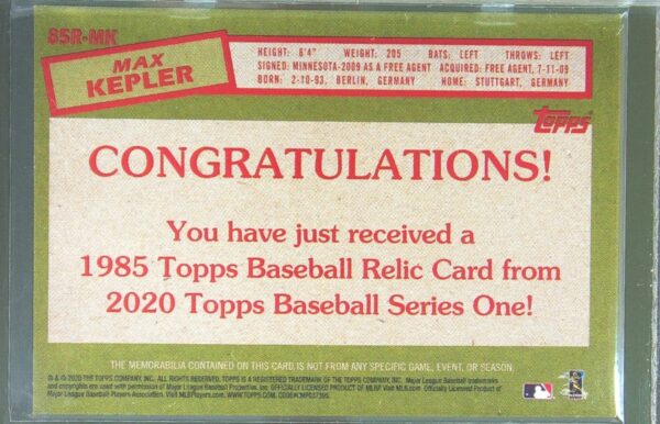 2020 Topps Max Kepler JSY #85R-MK Twins 1985 35th Anniversary Relics (Series 1) - Image 3